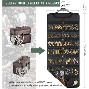 Organisateur de bijoux suspendu en toile double face avec poches zippées pour colliers, boucles d'oreilles, rangement pour femmes - Product Image 3