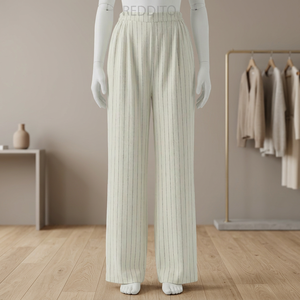 Pantalones Rectos a Rayas para Mujer con Cintura Elástica y Cordón Ajustable, Corte Regular, Pantalones Largos Casuales de Poliéster/Algodón Ohsisa - Product Image 4