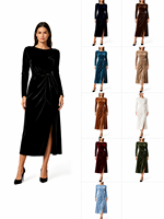Robe midi en velours pour femme, manches longues, col rond, taille nouée, froncée, fendue, unie, pour soirée formelle, ODM/OEM