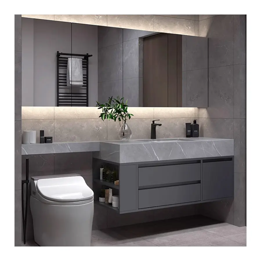 MDF solid wood bathroom cabinet combination toilet extension washbasin ceramic vanity LED Mirrored Cabinet