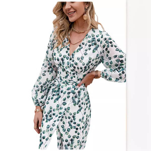 Vestido Largo Estampado de Manga Larga con Cuello en V y Diseño de Hojas Verdes, Transpirable, Estilo Línea A, para Mujer, Estilo Europeo Americano, Ideal para Fiestas - Product Image 4