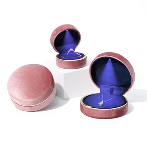 High Quality Luxury Microfiber Suede Velvet Ring Pendent Bangle Jewelry Box LED Light Lid with Base <b>Paper</b> Sleeve for Wedding Use - Product Image 1