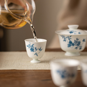 Hand Painted Blue And White Floral Stemmed <b>Teacup</b> Porcelain Kung Fu Tea Cup For Tasting - Product Image 3