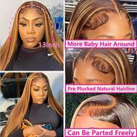 Peluca de Cabello Humano Liso con Reflejos, Pelucas de Encaje HD para Mujeres Negras, Sin Pegamento, Pre-Desplumada con Cabello de Bebé