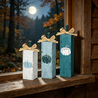 3 décorations en bois de citrouille bleues vieillies, design colonne verticale pour la décoration de fête de Thanksgiving