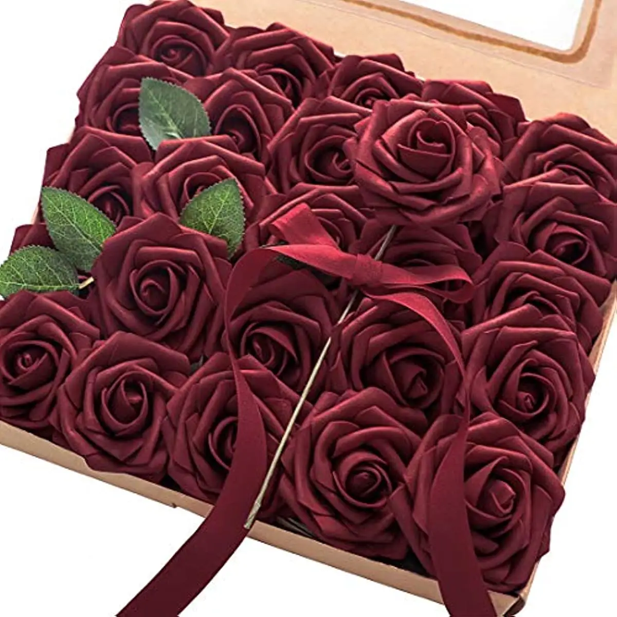 25pcs Roses Real Touch 7cm Looking Burgundy Foam Fake Roses with Stems Rose Artificial Flower for Wedding Home Decoration