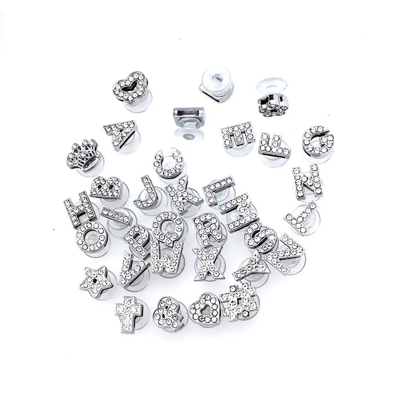 high class hot sale zinc alloy silver rhinestone alphabet letter crown star clog shoe charm pendant for croc shoe decoration