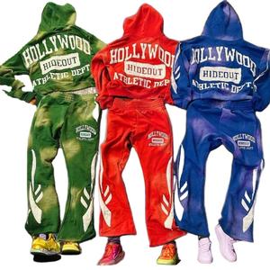 OEM Custom Terry <b>Vintage</b> Acid Washed Patch Embroidery <b>Sweatshirt</b> Custom Logo Distressed Cropped Men Autumn Hoodie Set - Product Image 1