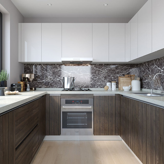For OPPEIN Myanmar Project U Shaped Lacquer HPL Small Kitchen Cabinet Set Particleboard Sink Faucet Hinge Drawer Slide Drawer