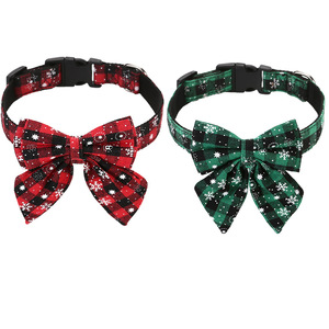 Christmas Dog Collar With <b>Bow</b> Tie Red Green Plaid Snowflake Pattern Small Medium Dogs Pet Accessory - Product Image 1