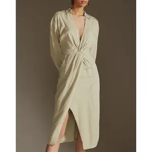 High Quality Slip V Neck Wrap Rope Custom Fall Clothing Long Sleeve Womens Casual Dresses Ladies Elegant Linen Dress