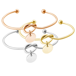 Minimalist Gold Plated PVD Plating Stainless Steel Love Knot 12mm Round Blank Disc Cuff Bracelet Bangle