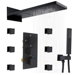 Siyah termostatik duş paneli vücut Jet ve el püskürtücü ile 3 fonksiyonlu yağmur duş başlığı