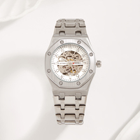 Reloj de Pulsera Automático de Lujo Estilo de Negocios con Caja Redonda de 22 mm Ventana de Esfera de Acero Inoxidable Correa de Cuero y Caja de Aleación