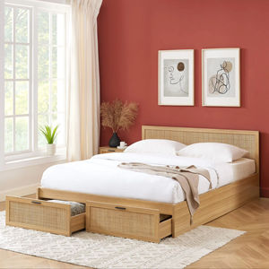 定制天然彩色全尺寸床架，带藤制床头板储物床2个大藤制前抽屉 - Product Image 1