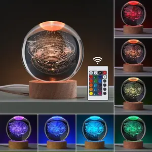 Wholesale Gifts Round Solid Wood LED base Stand Galaxy 3d Solar System Custom Crystal Ball