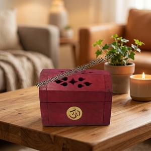 Mini Organic <b>Chinese</b> Wooden Hand Carved <b>Incense</b> Cone <b>Burner</b> Holder in Red Color with Om Inlay for Aromatherapy - Product Image 3