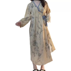 Camisón Largo Informal de Satén con Estampado Floral Tie-Dye, <span class=keywords><strong>Ropa</strong></span> de Dormir para Primavera y Otoño, Estilo Informal para el Hogar, con Botones, Largo hasta el Suelo, Natural - Product Image 1
