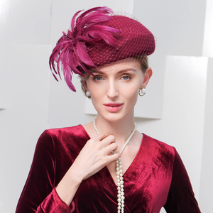 KDS1117124 Chapeau haut de forme en peluche britannique, nouveau modèle automne/hiver, design original, tendance, rétro, avec ceinture en maille et plumes décoratives, en pur laine - Product Image 2