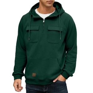 Sudadera con capucha tipo cargo para hombre, con cremallera de un cuarto, estilo táctico, informal, para gimnasio, atlética, holgada, 100% algodón, transpirable para verano - Product Image 2