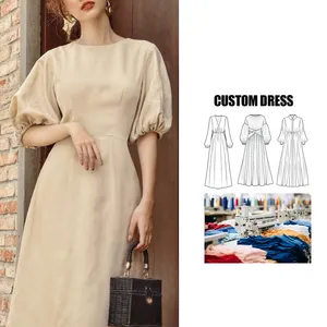 qualidade fábrica de roupas Custom senhoras O-pescoço mangas curtas elegante vintage 100% linho midi vestido para as mulheres