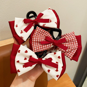 Red fabric <b>bow</b> hair <b>clip</b> for girls' high bun, princess baby hair accessory - Product Image 2