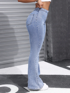 Jeans évasés <span class=keywords><strong>bleu</strong></span> clair taille haute coupe ajustée pour <span class=keywords><strong>femme</strong></span>, design décontracté en tissu denim lavable, méthode de tissage - Product Image 6