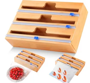 Newest eco friendly kitchen drawer customized compatible 3 in 1 bamboo wrap dispenser with cutter