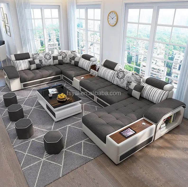 7 सीटों वाले यू के आकार का reclinable लाउंज कपड़े लक्जरी आधुनिक सोफे घर डिजाइन फर्नीचर कमरे में रहने वाले सोफे सेट