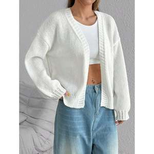 Cardigan blanc côtelé à col en V pour femme, pull léger en tricot, haut ouvert sur le devant - Product Image 1