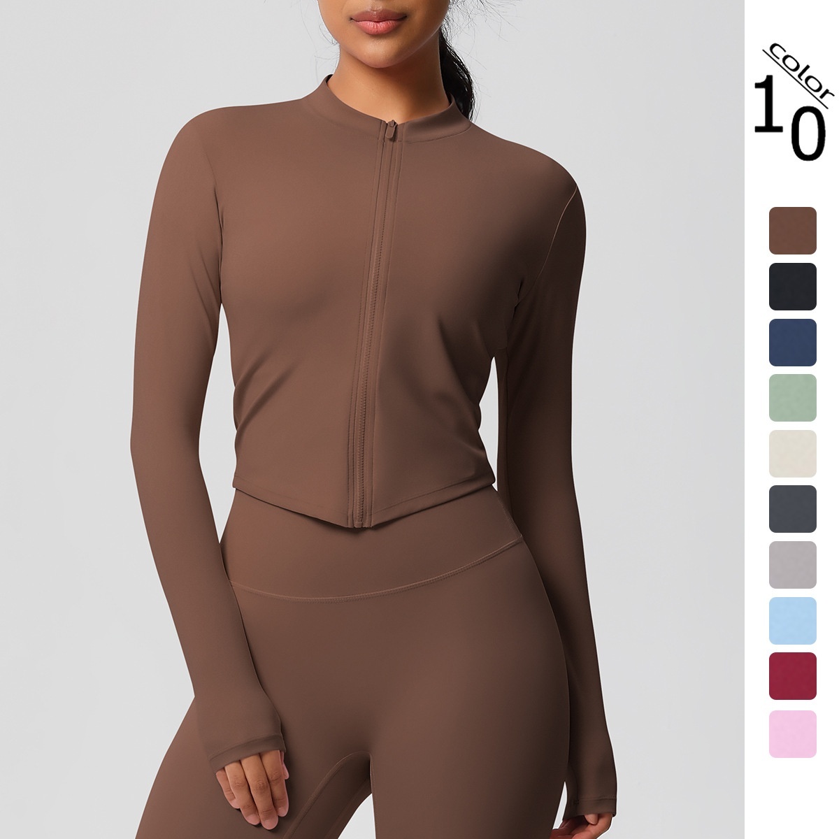 In-stock Cross-border Quick-dry Spandex/Nylon Brushed Fitness Zip-up Jacket Running Sports Tight-fitting Long-sleeve Yoga Top