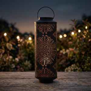 Linterna cilíndrica de metal con asa, diseño marroquí con mandala recortado, portavelas para decoración del hogar. - Product Image 2