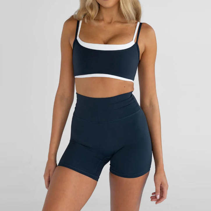 Custom Color Blocking High Waist Workout Set Fitness Women Double Layer Sports Bra Gym Leggings Striped Shorts Yoga Set