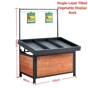 Tavolo Espositivo in Legno a Doppia Faccia con Piano Inclinabile per Verdure da Supermercato - Product Image 2