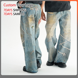 Jeans en denim streetwear de haute qualité personnalisés, taille mi-haute, délavés, coupe oversize, jambe large et ample pour hommes, vente en gros - Product Image 2