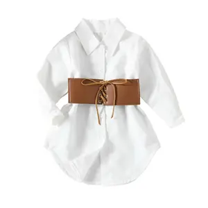 Vêtements de printemps et d'automne pour filles, chemise blanche trapèze avec ceinture, vêtements décontractés pour filles de 1 à 7 ans