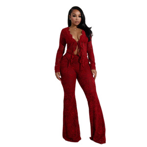 Primavera autunno nuova moda formale abito da donna con stampa a maglia rossa a maniche lunghe Skinny 2 pezzi Top e <span class=keywords><strong>pantaloni</strong></span> - Product Image 6