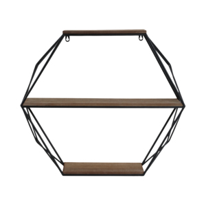 Modern Hexagon Wall Shelf Wood Metal Frame Contemporary Hanging Storage Organizer for Living Room Home Decor - Product Image 1