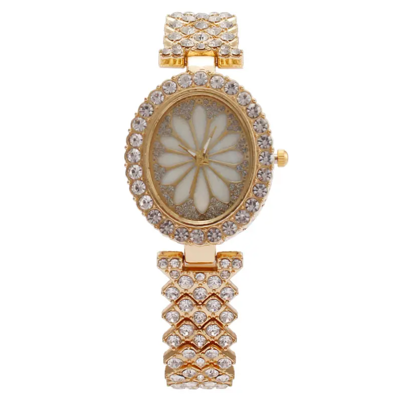 Vendita calda moda diamante diamante pieno orologio da donna orologio da donna fiore quadrante ovale orologio da polso in lega di zinco