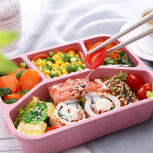Lonchera con compartimentos de paja de trigo, lonchera cuadrada bento de cuatro compartimentos, lonchera de fibra de trigo para comida rápida, lonchera portátil para el trabajo - Product Image 4