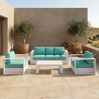 Ensemble de canapés d'extérieur modernes en aluminium blanc avec coussins turquoise, mobilier de jardin pour terrasse, résistant aux intempéries, groupe de sièges de style nordique pour resort