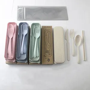 Eco-Friendly Travel Kids Adult Dinnerware Set Portable Camping Picnic Flateware Wheat Straw Cutlery