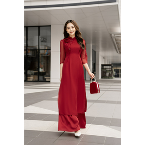 ชุดเดรสโอไดเวียดนามแบบดั้งเดิมสีแดงแบบเวียดนาม - Product Image 2