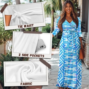 Elegante Vestido Maxi Azul Claro Estampado para Mujer, Casual, de Verano, para Fiesta, Talla Grande, Sexy, con Cuello en V, Manga 3/4, con Bolsillos - Product Image 5