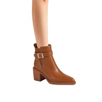 Bottines à bout pointu et talon bloc pour femme, avec fermeture éclair latérale et bride à boucle, en cuir PU marron caramel, pour l'été