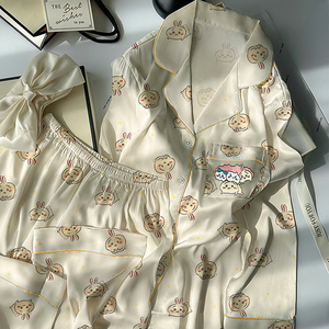 女式丝质长袖上衣和裤子套装，卡通衣领，舒适居家服 - Product Image 5