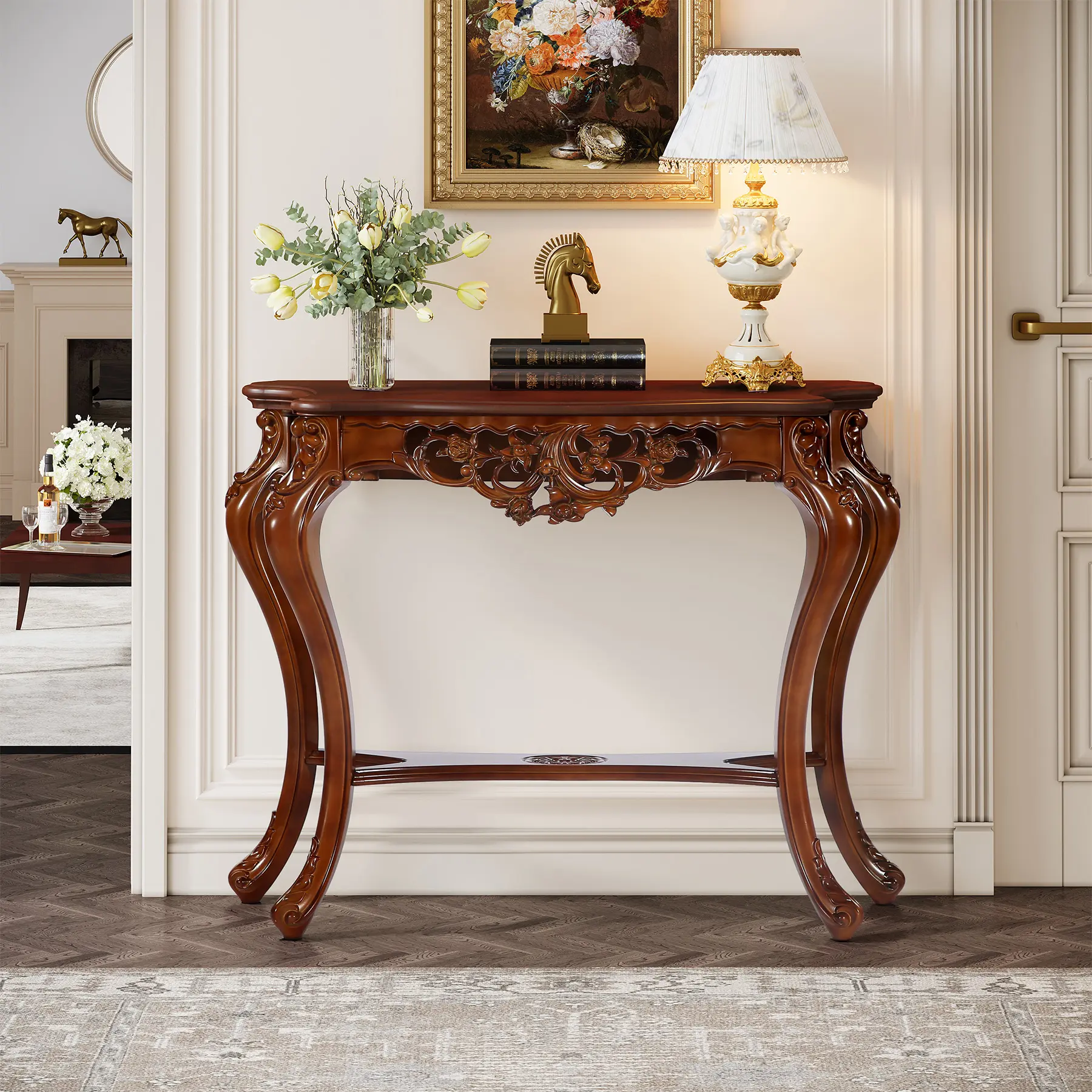 2024 New high end mid century modern walnut brown chinese carved wood retro luxury console table antique for entrance home decor