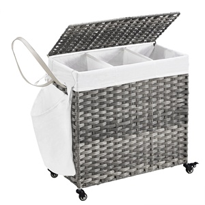 SONGMICS Clothes Dirty Storage <strong>Baskets</strong> <strong>on</strong> <strong>Wheels</strong> <strong>Laundry</strong> <strong>Basket</strong> 3 Compartments Collapsible <strong>Laundry</strong> Hamper with Lids and <strong>Wheels</strong> - Product Image 1