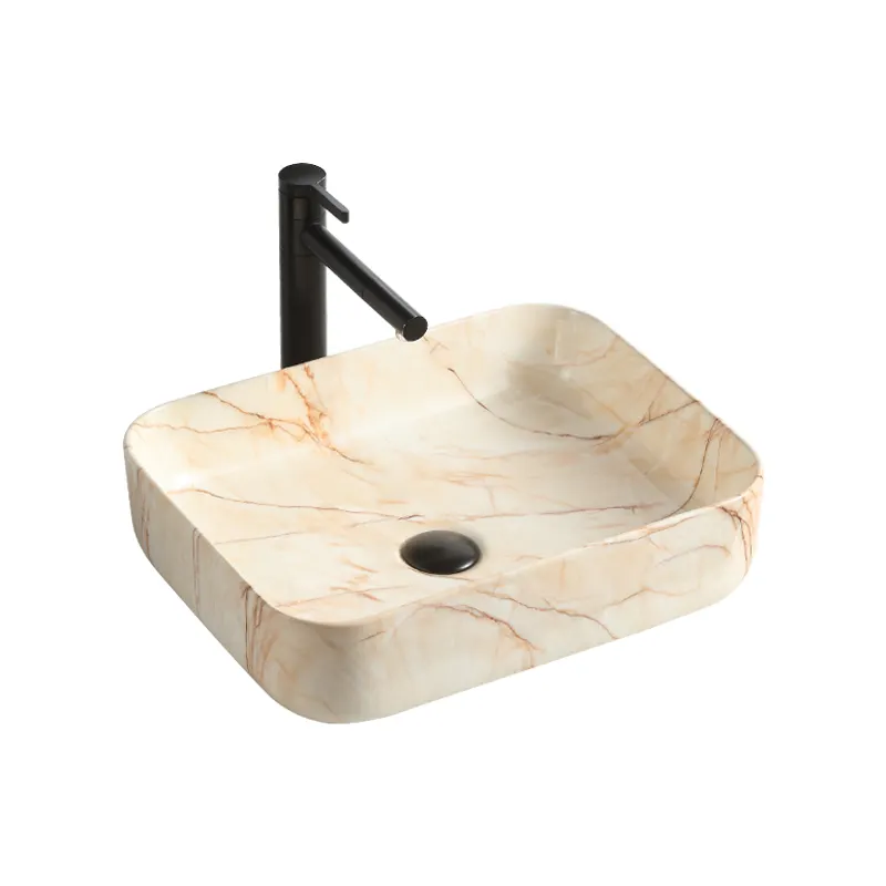 Évier en marbre de lavabo à main de comptoir en céramique carré de couleur orange classique pour salle de bain