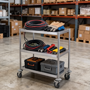 Carrello in Acciaio Inox a 3 Ripiani Leggero, Tubo Rotondo Economico da 0,6 mm, Carrello di Servizio con Maniglia Rimovibile per Cucina e Hotel - Product Image 1